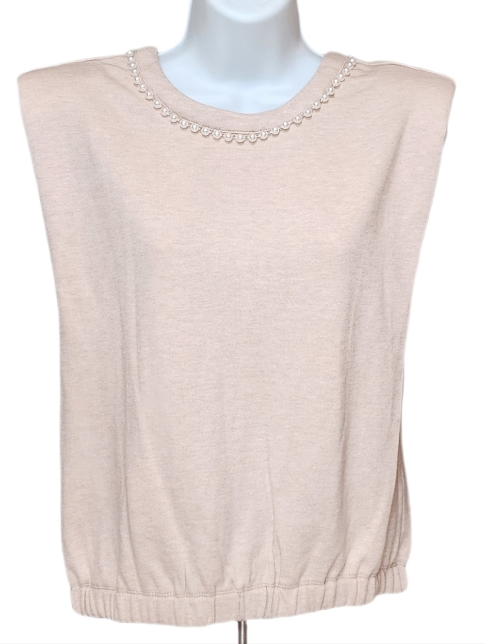Wit & Widom Faux Pearl Trim Extended Padded Shoulder Top Heather Oatmeal S